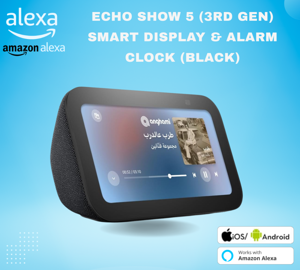 جهاز Echo Show 5 _ الجيل الثالث بشاشة ذكية وساعة منبه بصوت أكثر وضوحًا _ استخدم صوتك للتحكم بالأجهزة المنزلية الذكية - Smart Home