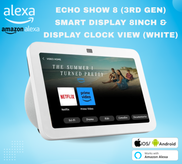 جهاز Echo Show 8 الجديد كليًا _ الجيل الثالث (إصدار 2023) بشاشة لمس ذكية عالية الدقة وصوت مكاني وموزّع المنزل الذكي مع أليكسا _ اللون أبيض جليدي - Smart Home